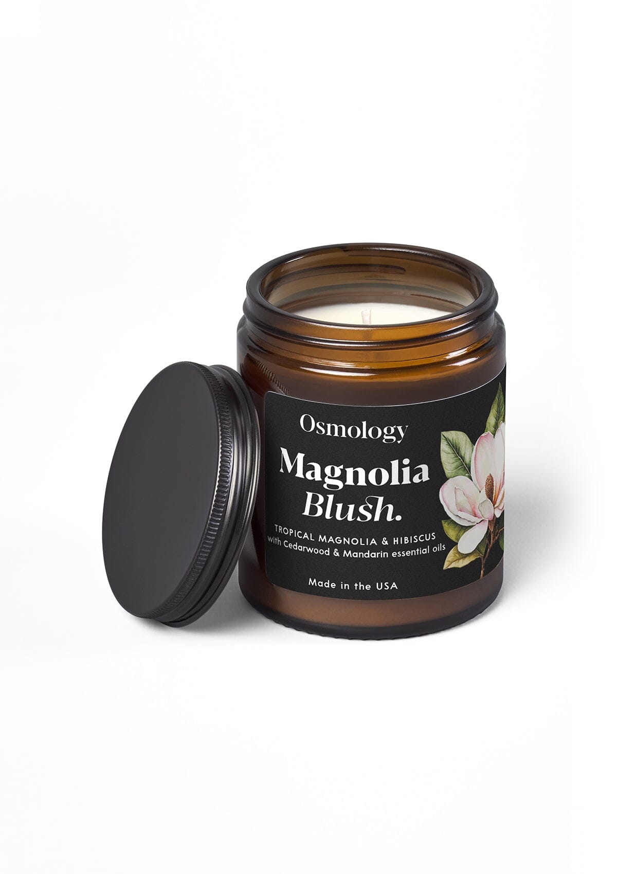 Magnolia Blush jar candle with lid  by osmology displayed on white background 