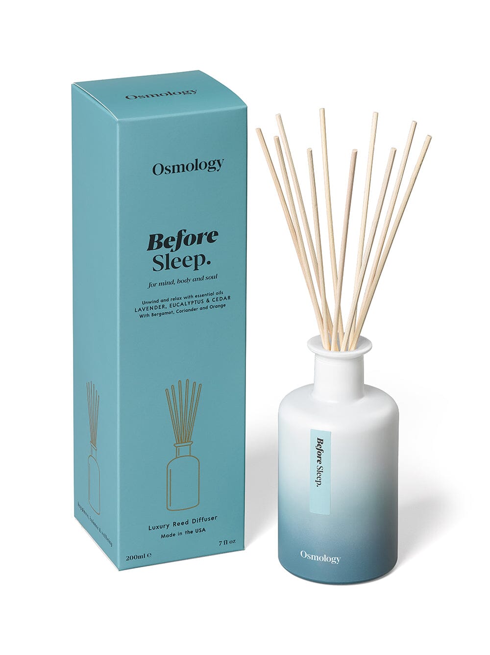 Osmology Before Sleep reed diffuser with product packaging on white background 