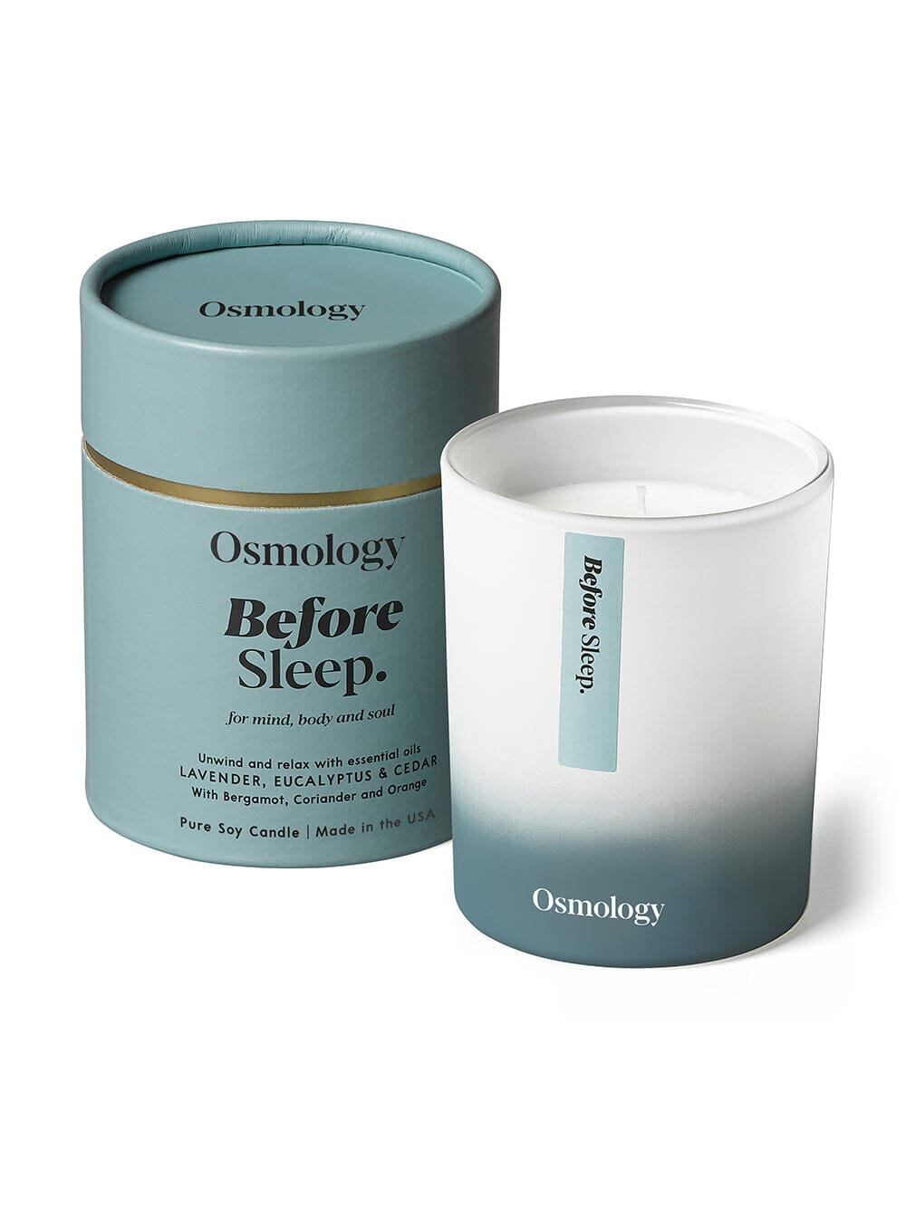 Osmology Before Sleep scented candle displayed with product packaging tube on white background