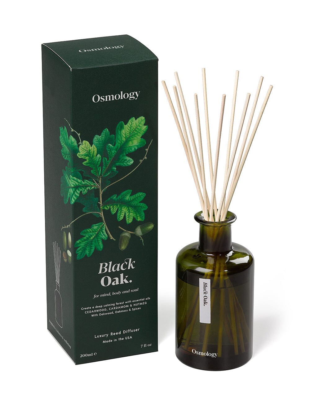 Osmology Black Oak reed diffuser with product packaging on white background