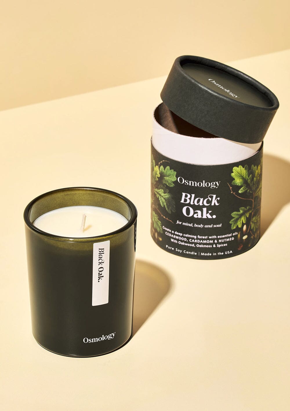 Osmology Black Oak candle with botanical illustrated product packaging tube, lid coming off at an angle