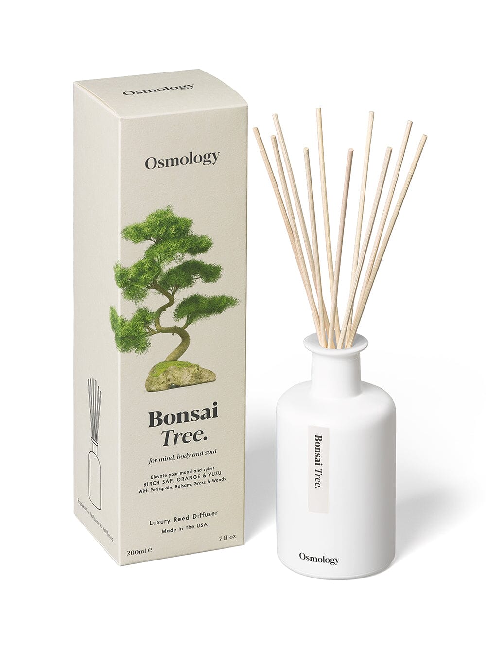 Osmology Bonsai Tree Diffuser with product packaging on white background