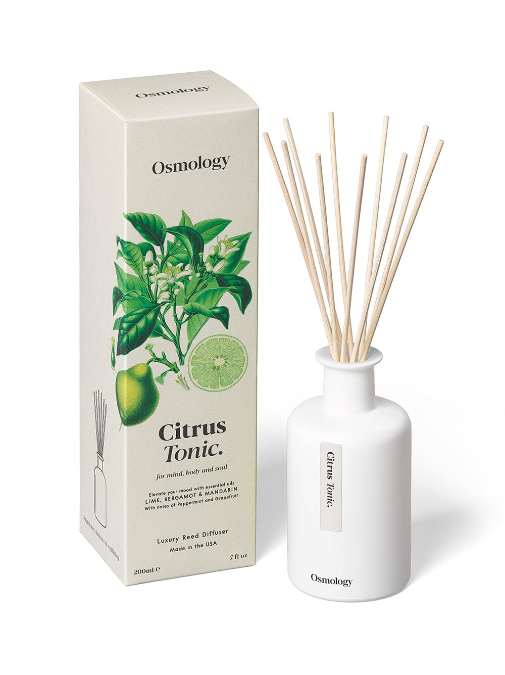 Osmology citrus reed diffuser next to decorative product packaging in a white background