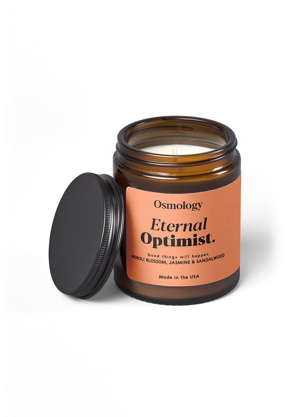 Osmology Eternal Optimist scented jar candle and lid on white background