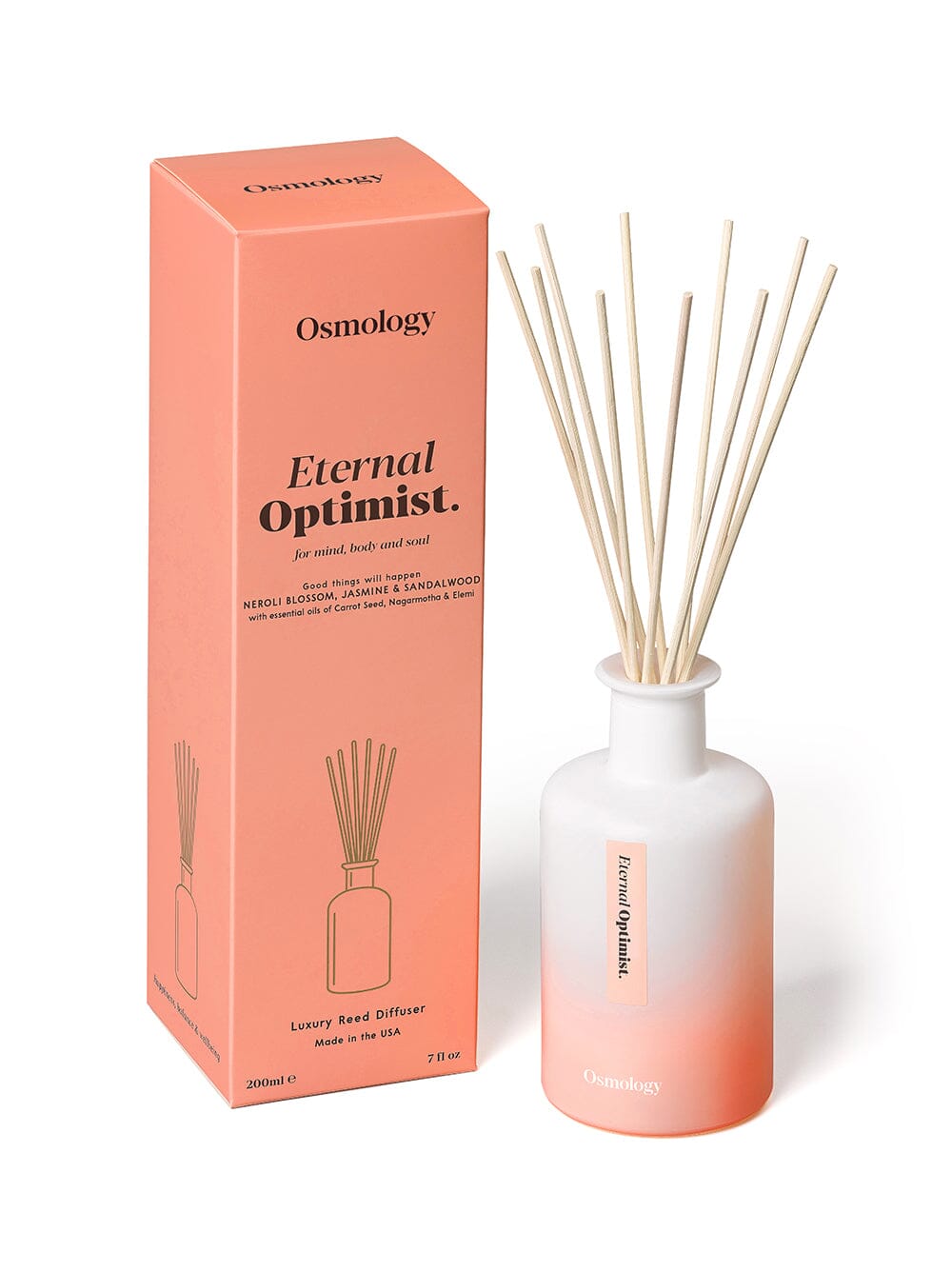 Osmology Eternal Optimist reed diffuser with product packaging on white background 