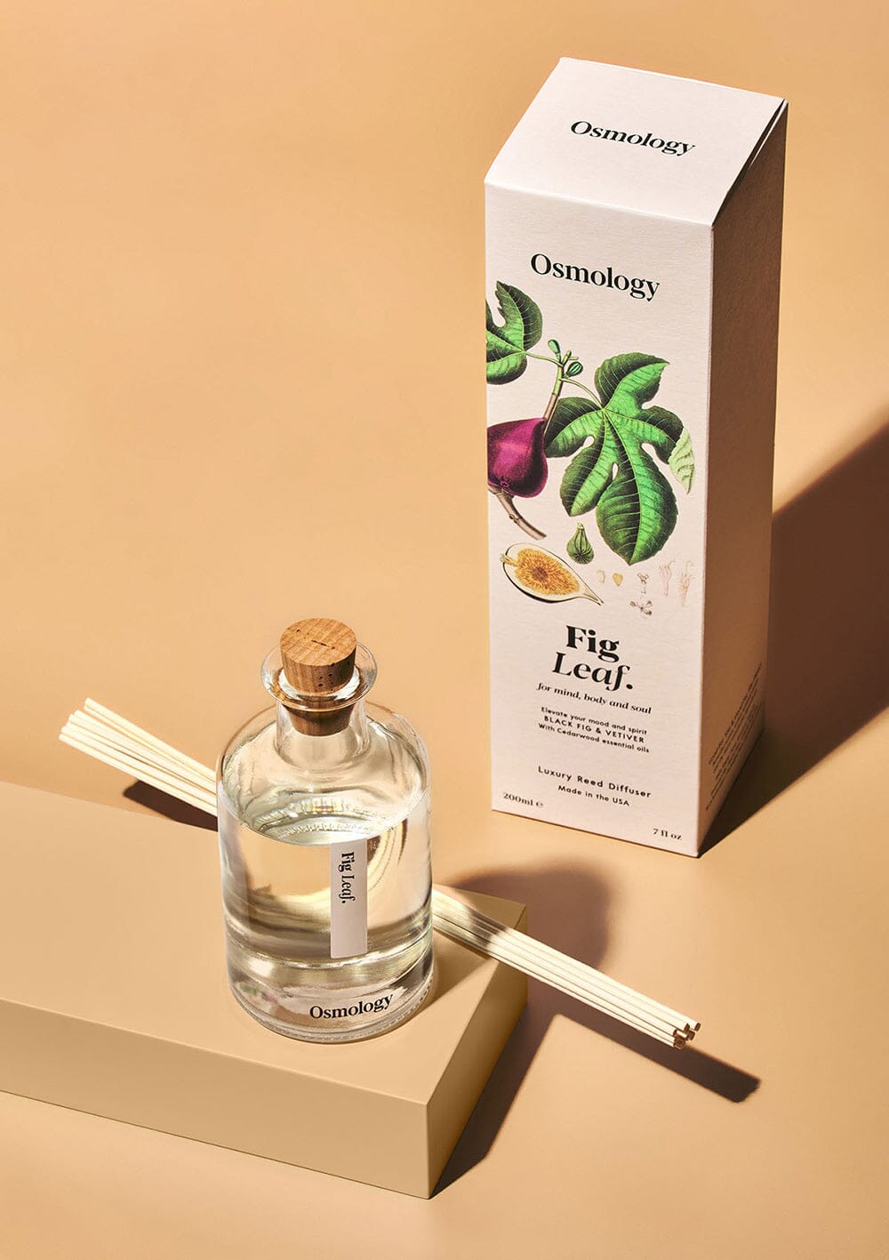 Osmology Fig Leaf reed diffuser, with bunched reeds balanced on a small rectangular plinth, decorative product packaging behind on orange-cream background