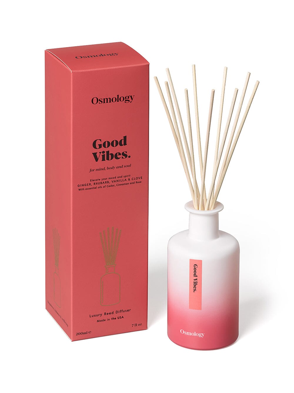 Osmology Good Vibes reed diffuser with product packaging on white background