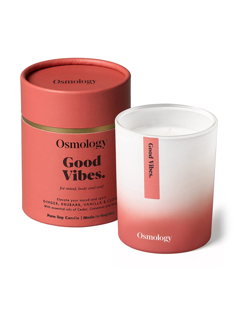 Osmology Good Vibes candle with product packaging tube on white background