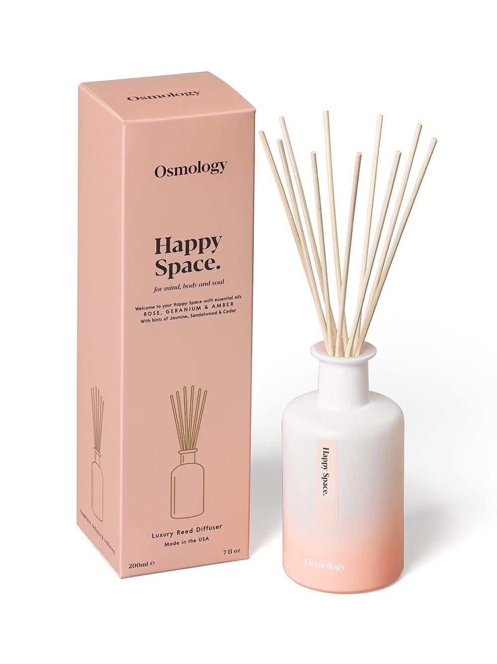 Osmology Happy Space reed diffuser with product packaging on white background 