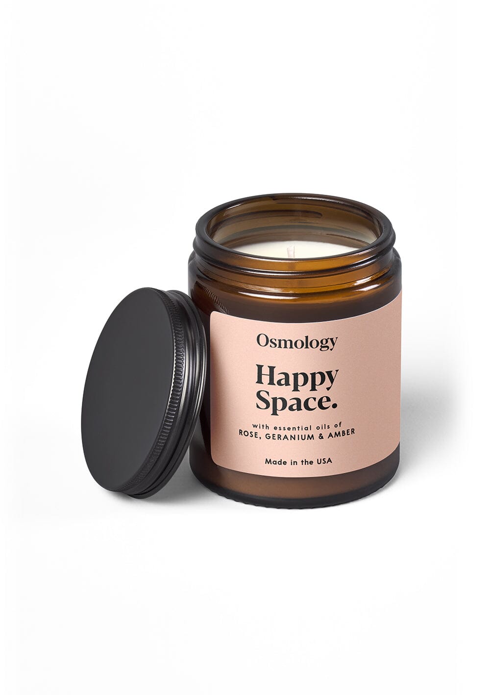 Osmology Happy Space jar candle with open lid on white background