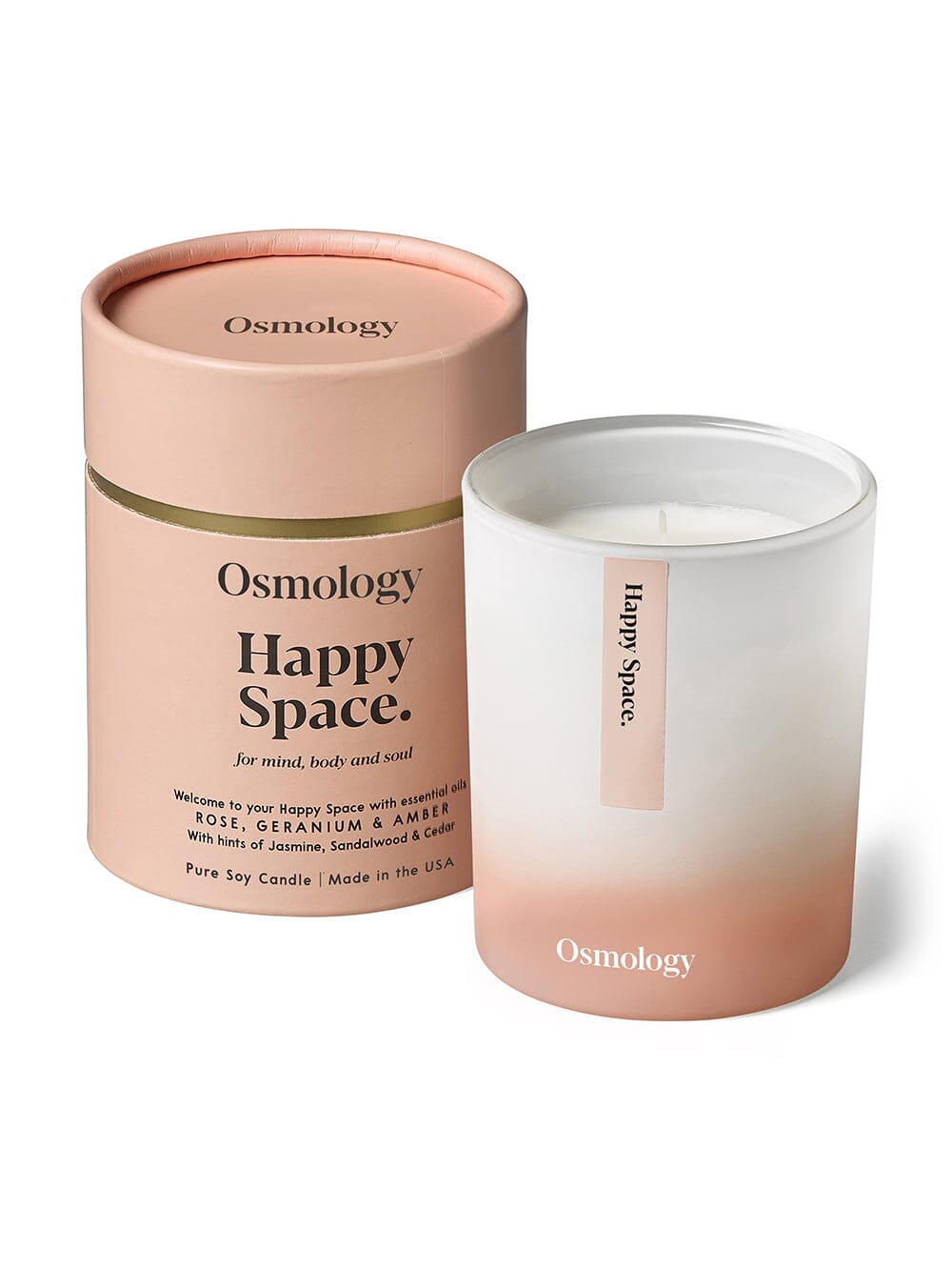 Osmology Happy Space candle with product packaging tube on white background