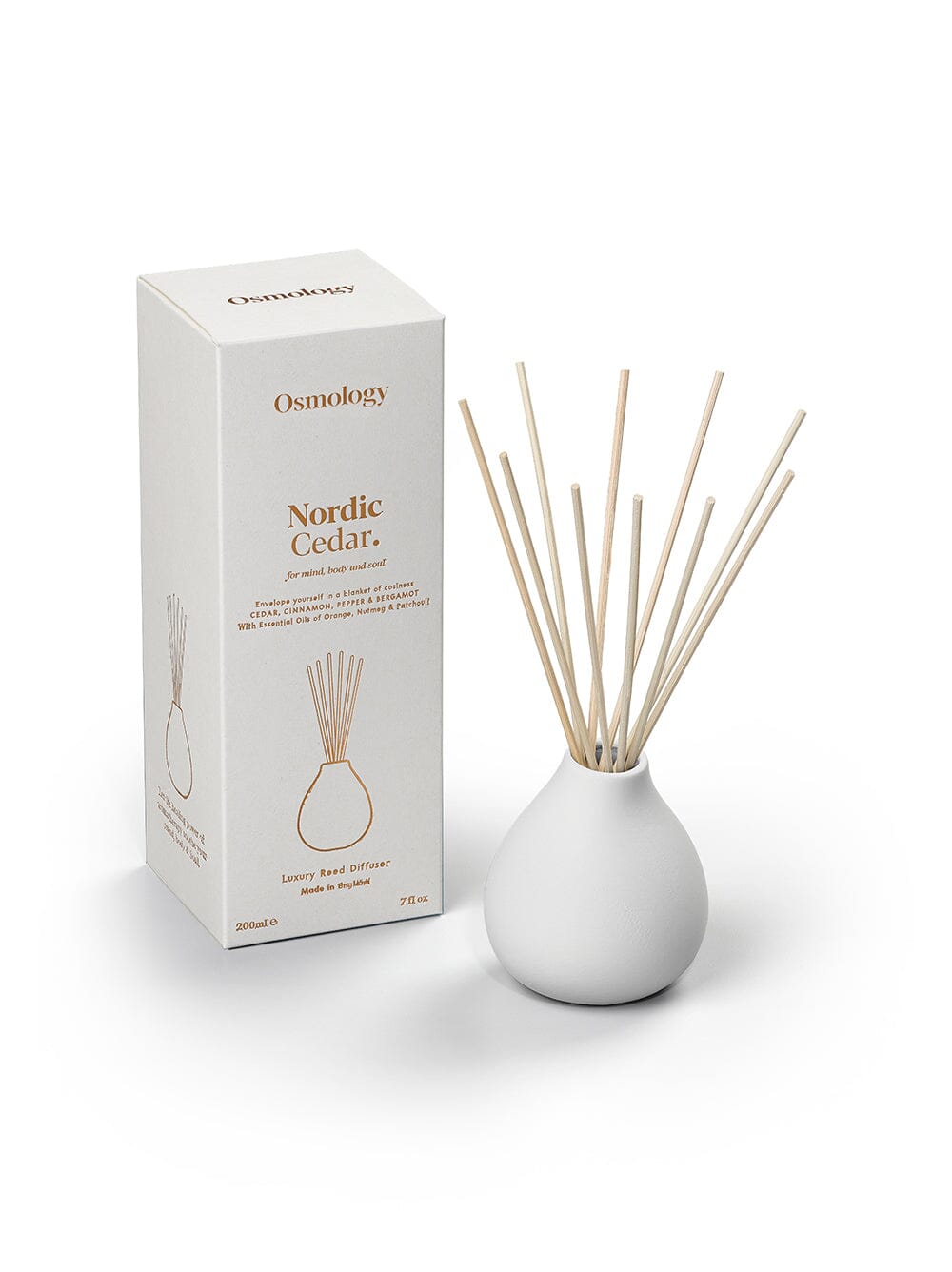 Osmology Nordic Cedar ceramic reed dh product packaging on white background