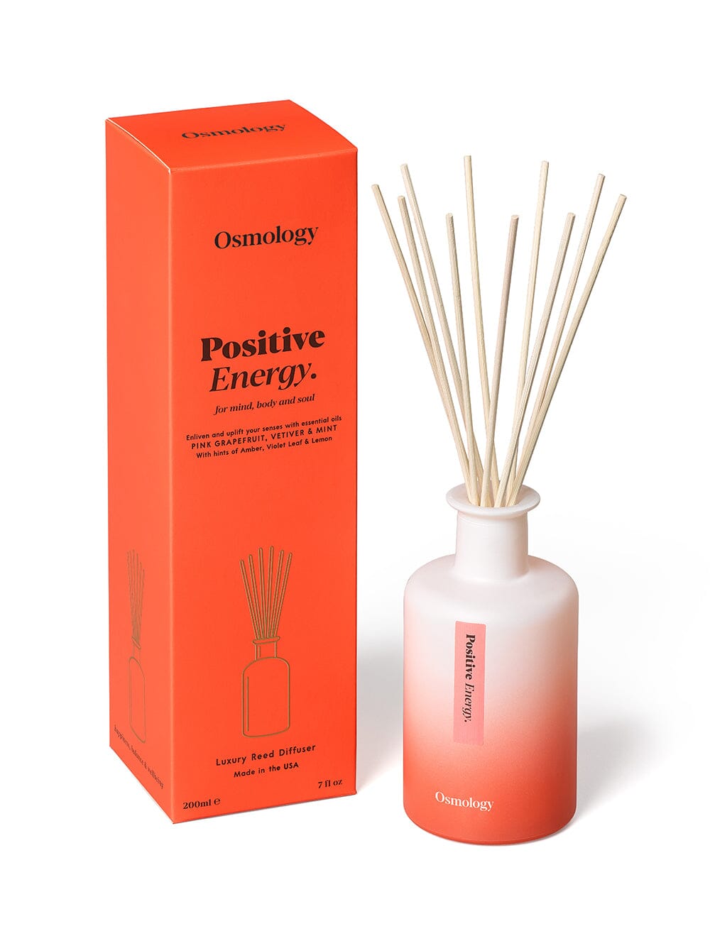 Osmology Positive Energy reed diffuser next to product packaging on a white background